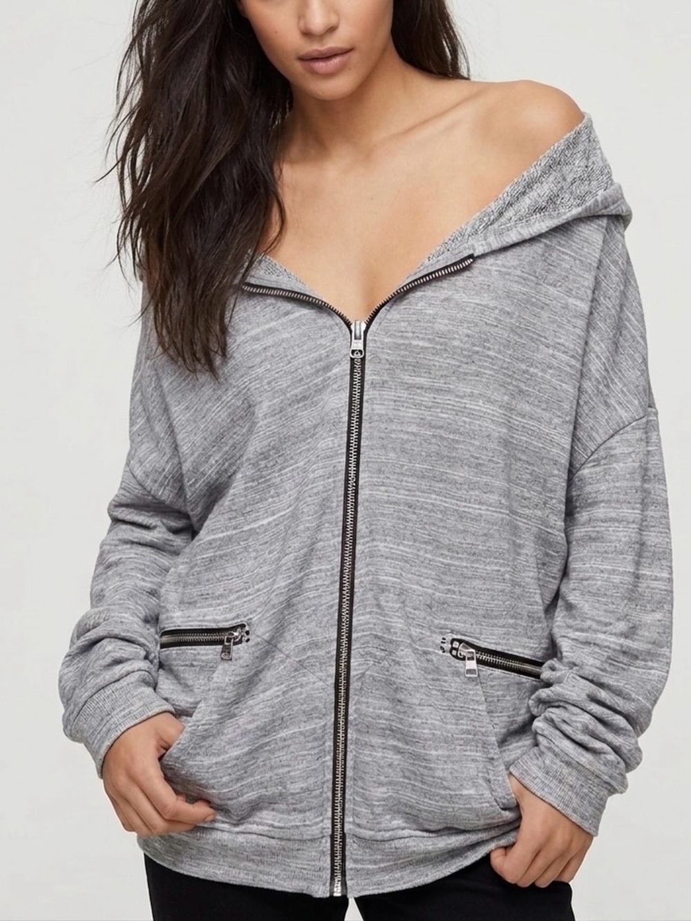 WILFRED FREE Aritzia Rousseau Slouchy Off Shoulder Gray Full Zip Hoodie Sweater